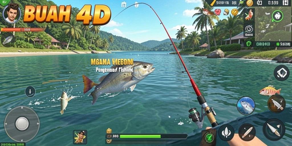 Tampilan gameplay BUAH4D saat menangkap ikan di danau.