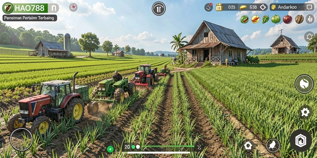 Tampilan gameplay HAO788 dengan ladang yang subur dan berbagai tanaman.