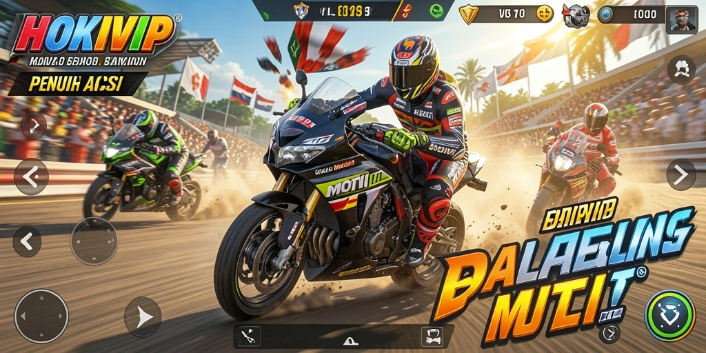 Tampilan gameplay HOKIVIP menunjukkan balapan motor yang seru dan mendebarkan.