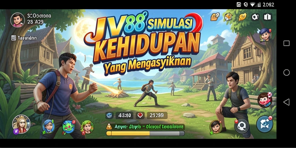 Screenshot utama JV88 menunjukkan karakter dalam lingkungan simulasi yang hidup.