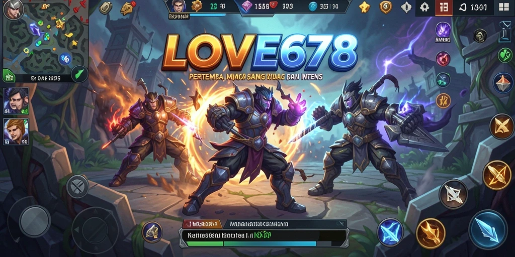 Tangkapan layar LOVE678 menampilkan pertempuran tim yang seru dalam game MOBA.