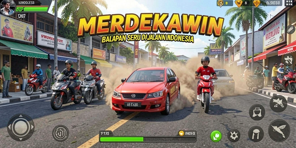 Screenshot gameplay MERDEKAWIN dengan balapan yang penuh aksi.