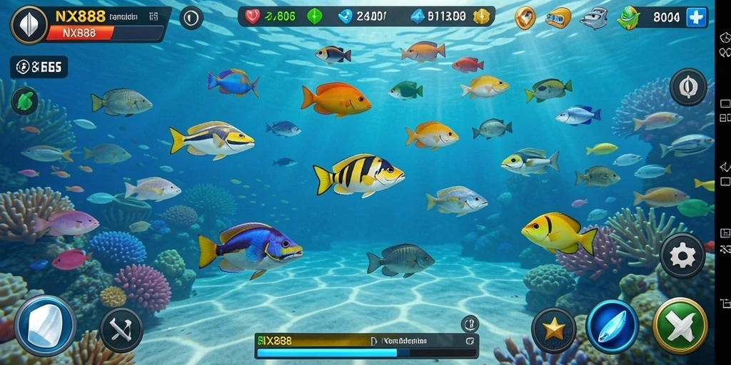 Tangkapan layar gameplay menunjukkan aksi seru menembak ikan.