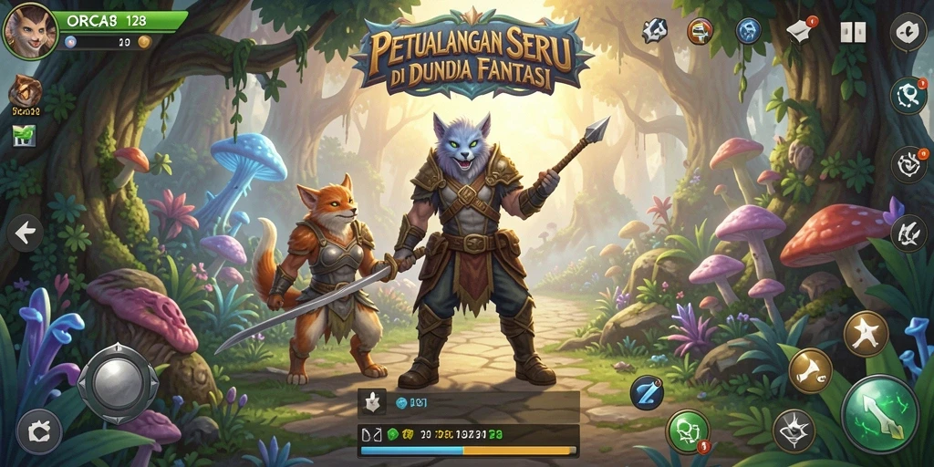 Tangkapan layar utama ORCA128 menunjukkan petualangan seru di dunia fantasi.