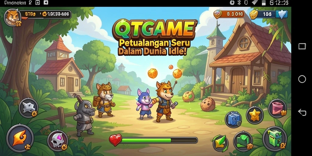 Screenshot gameplay QTGAME menunjukkan karakter dan sumber daya yang beragam dalam permainan Idle.