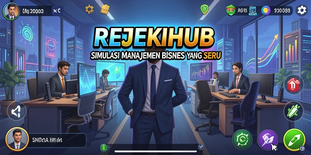 Tampilan gameplay menarik dari REJEKIHUB menunjukkan manajemen bisnis yang seru.
