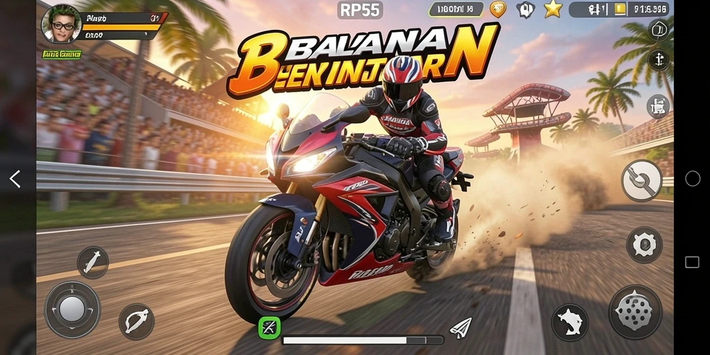Screenshot dari gameplay RP55 yang menampilkan balapan motor yang mendebarkan.
