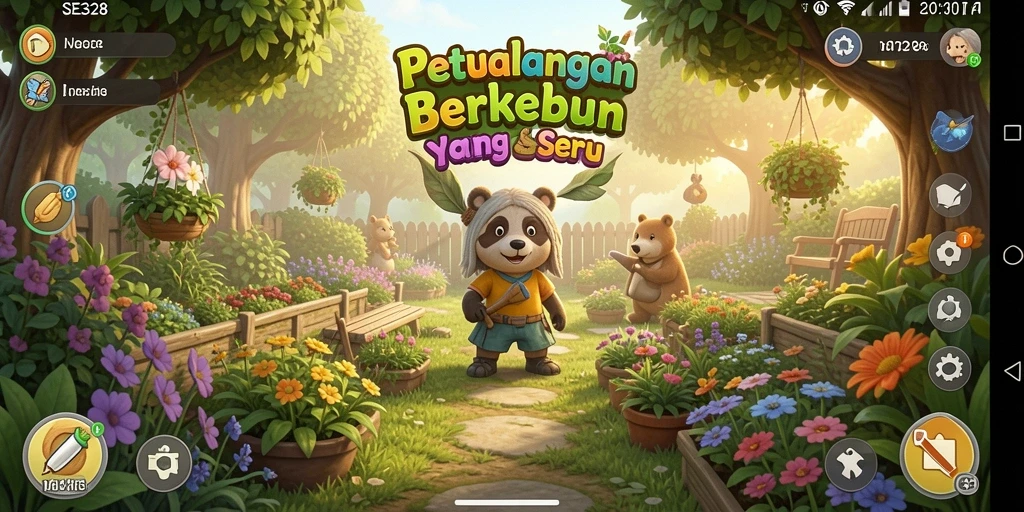 Tangkapan layar gameplay SE328 menunjukkan aktivitas berkebun yang seru.